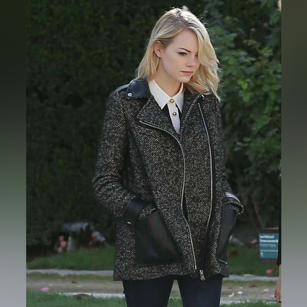 Maje Paris Ribiera Tweed and Leather Coat Size 38 ASO Emma Stone Moto Luxe